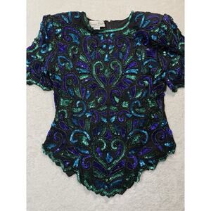 Vintage Laurence Kazar Silk Sequin Beaded Top Black Green Blue Size L Art Deco